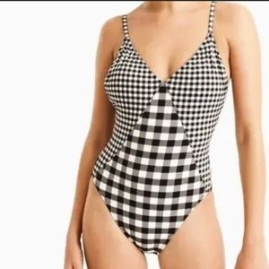 NWT JCREW Black Gingham Mixed Print One Piece Swimsuit Size 10